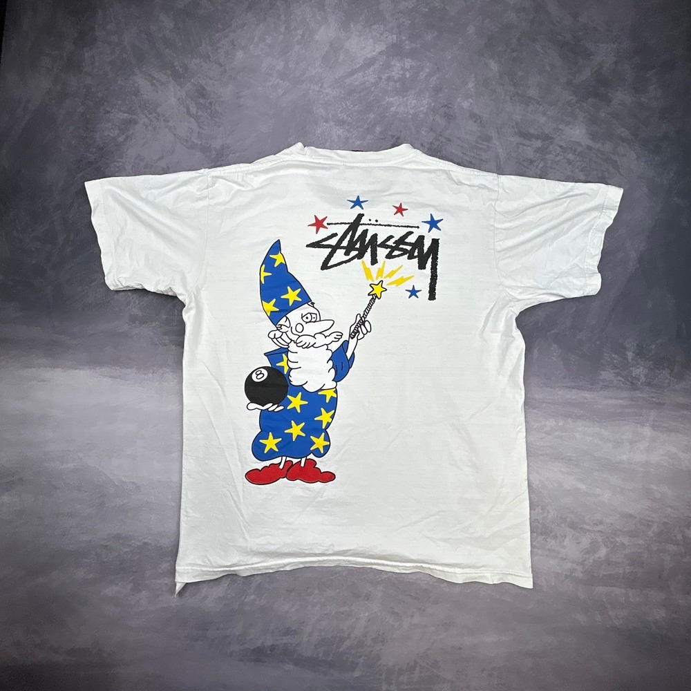 Vintage Stussy Wizard 8 Ball Graphic T Shirt White Mens Large Y2K Streetwear - Picture 4 of 8